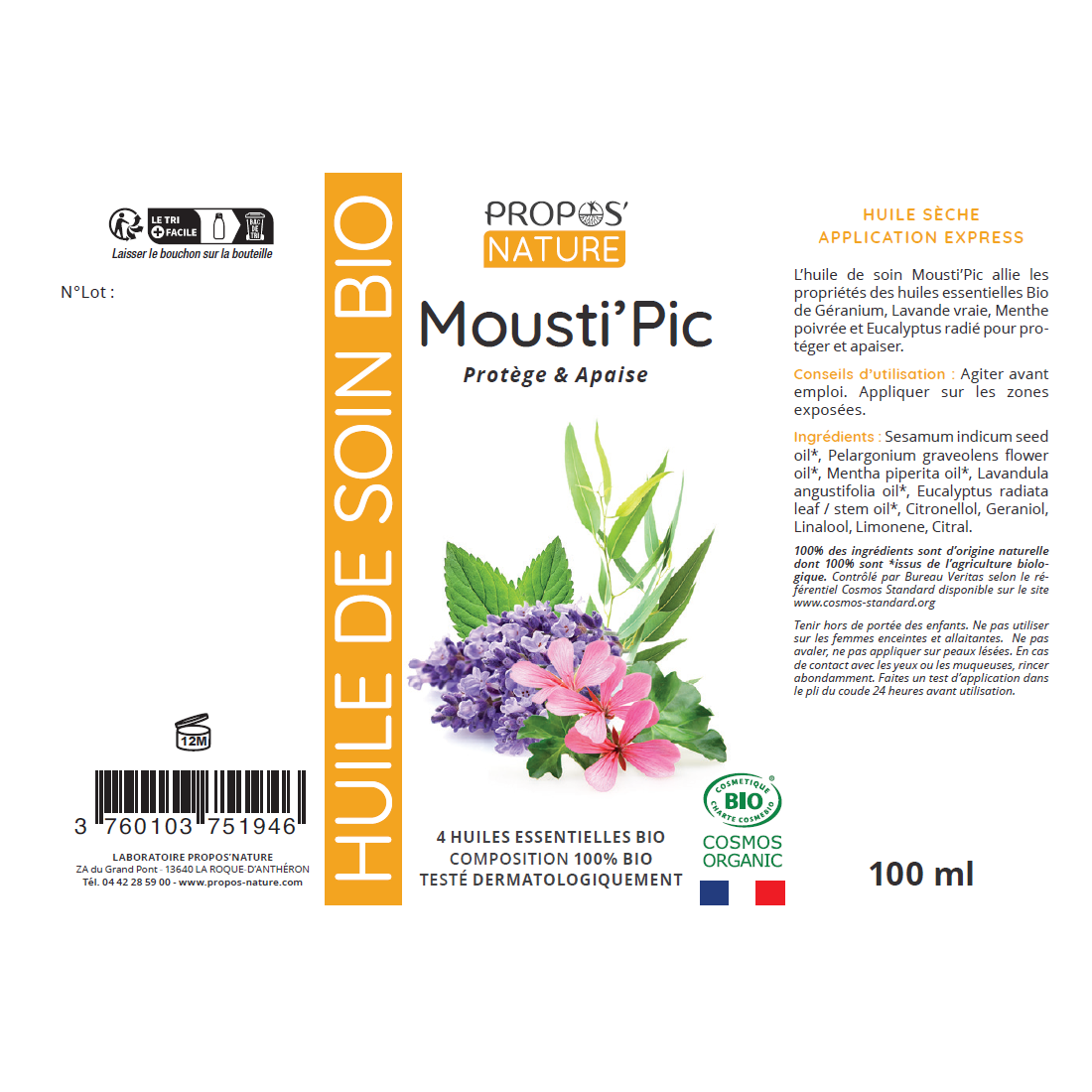 Aceite de masaje Mousti'pic para mosquitos - Orgánico 100 ml