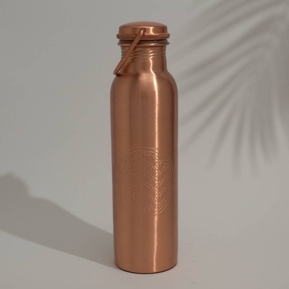 Botella de agua de cobre puro flor de la vida con asa ± 950 ml