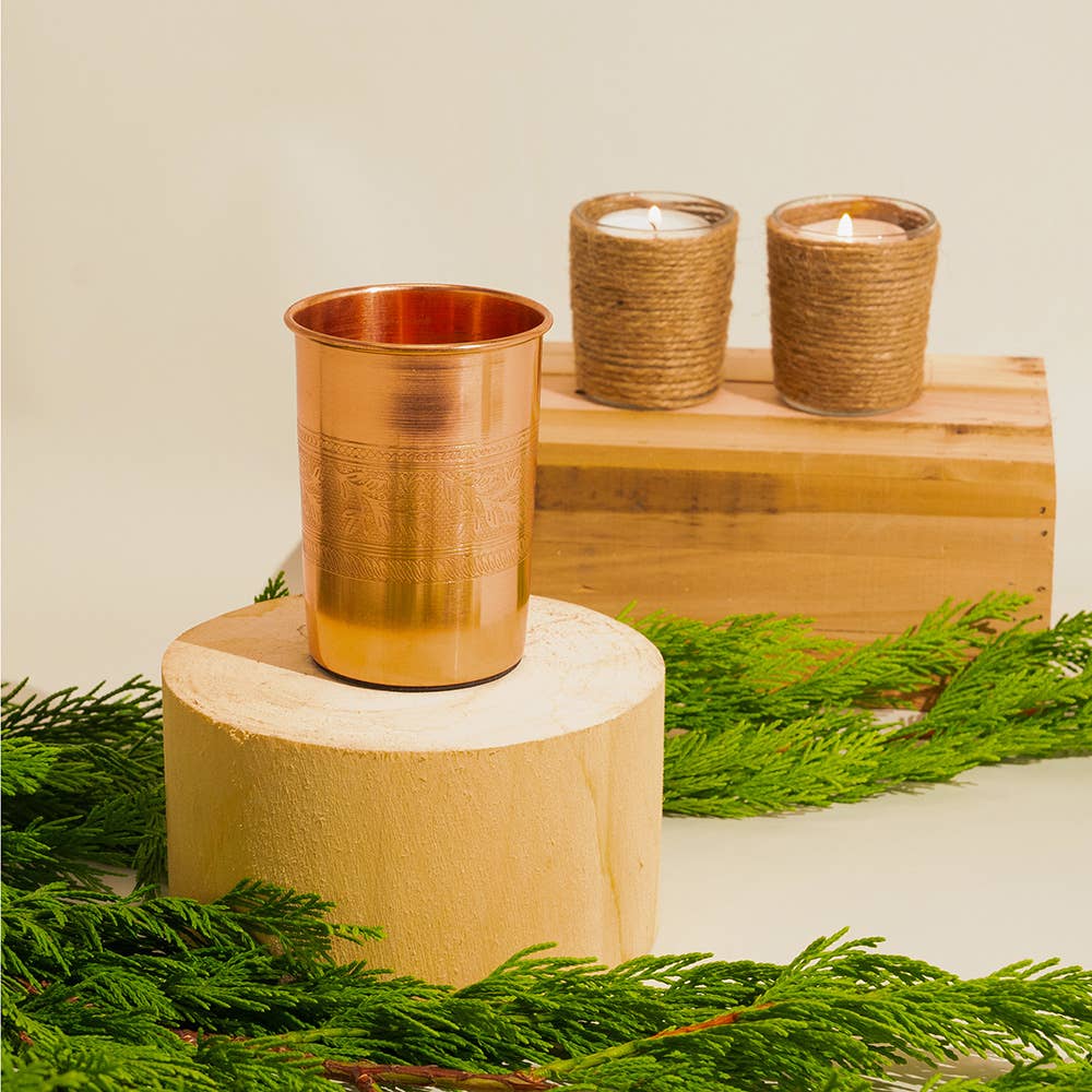 Taza de Cobre Puro con Borde de Patrón Floral - 300 ml