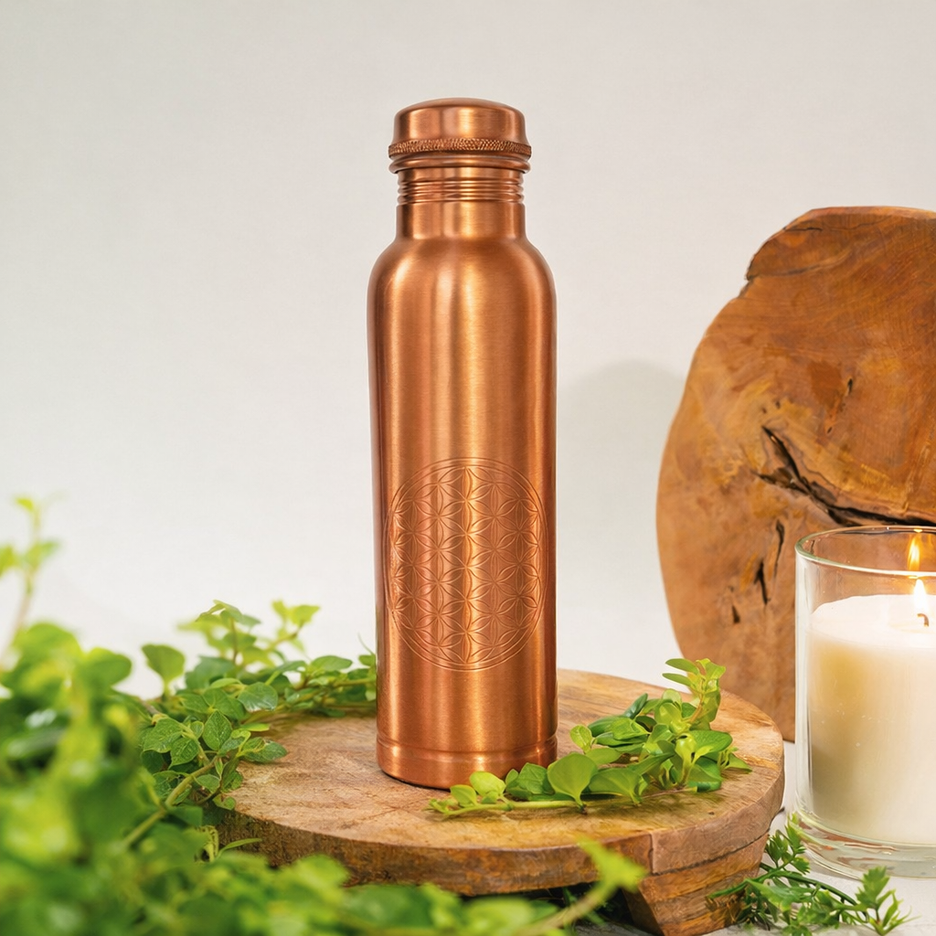 Botella de agua de cobre puro Flor de la Vida acabado mate 1 litro